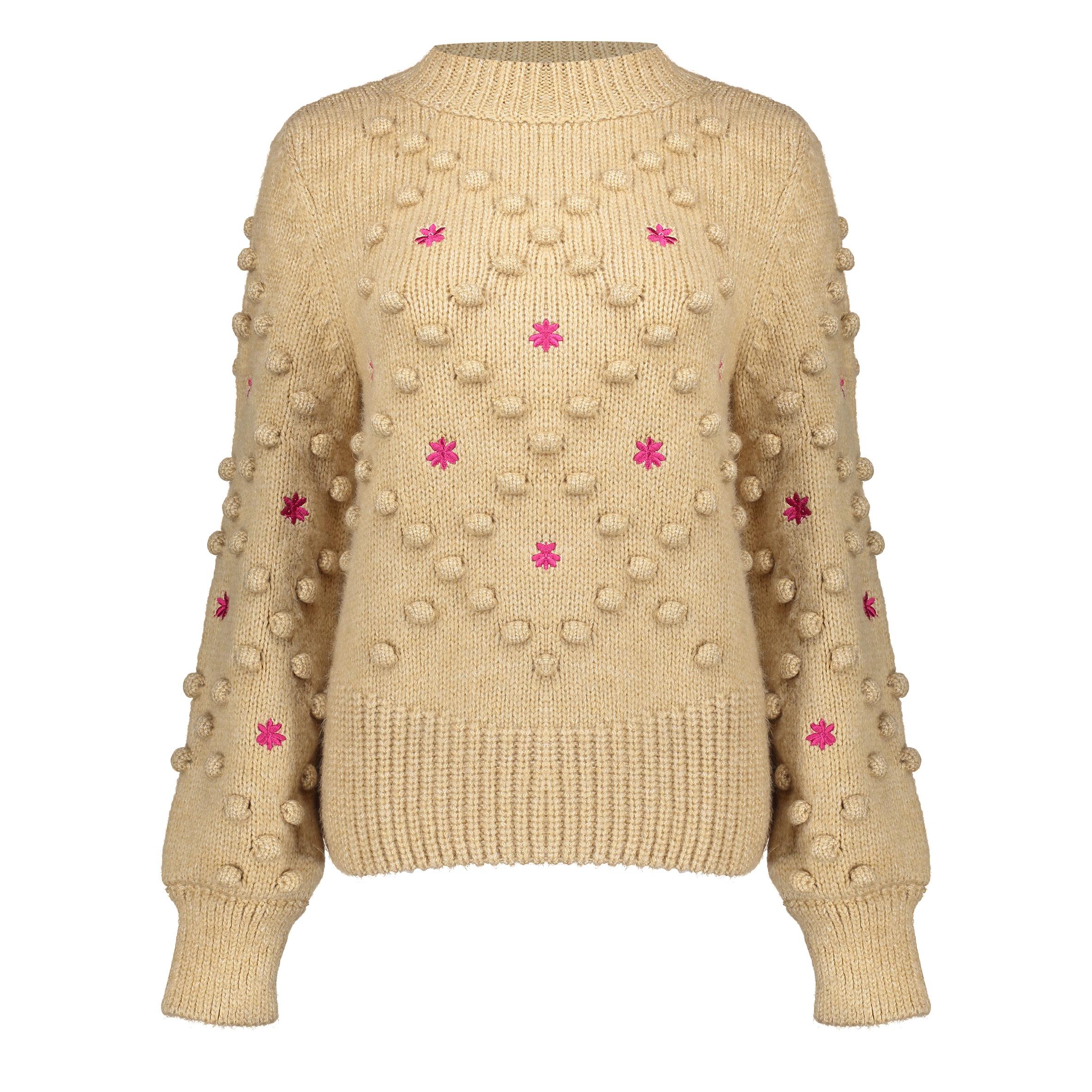 GEISHA Strickpullover mit Pompon und gestickten Blumen 