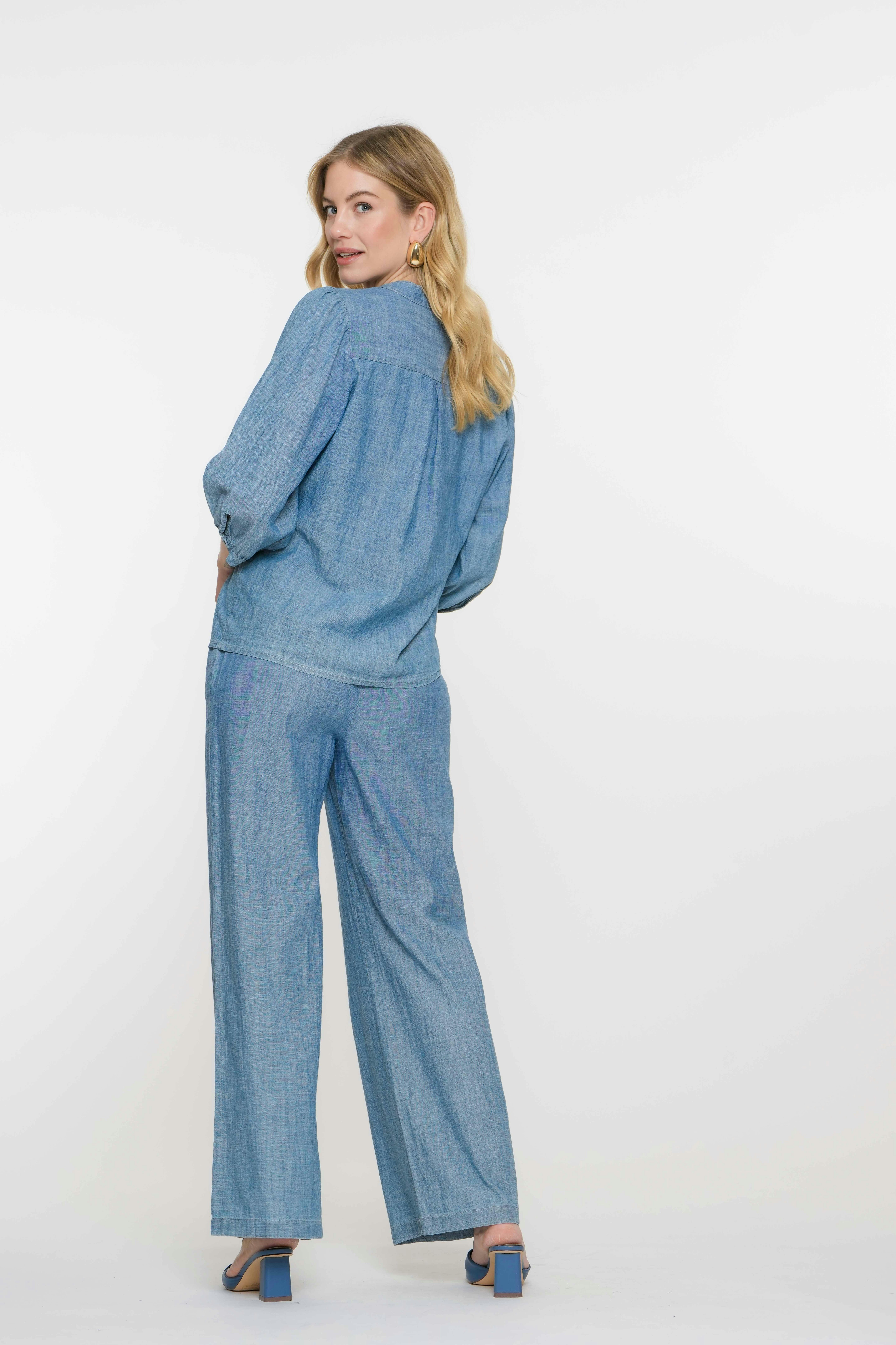 Geisha Damen Denim-Look Bluse mit Dreiviertel-Ballonärmeln