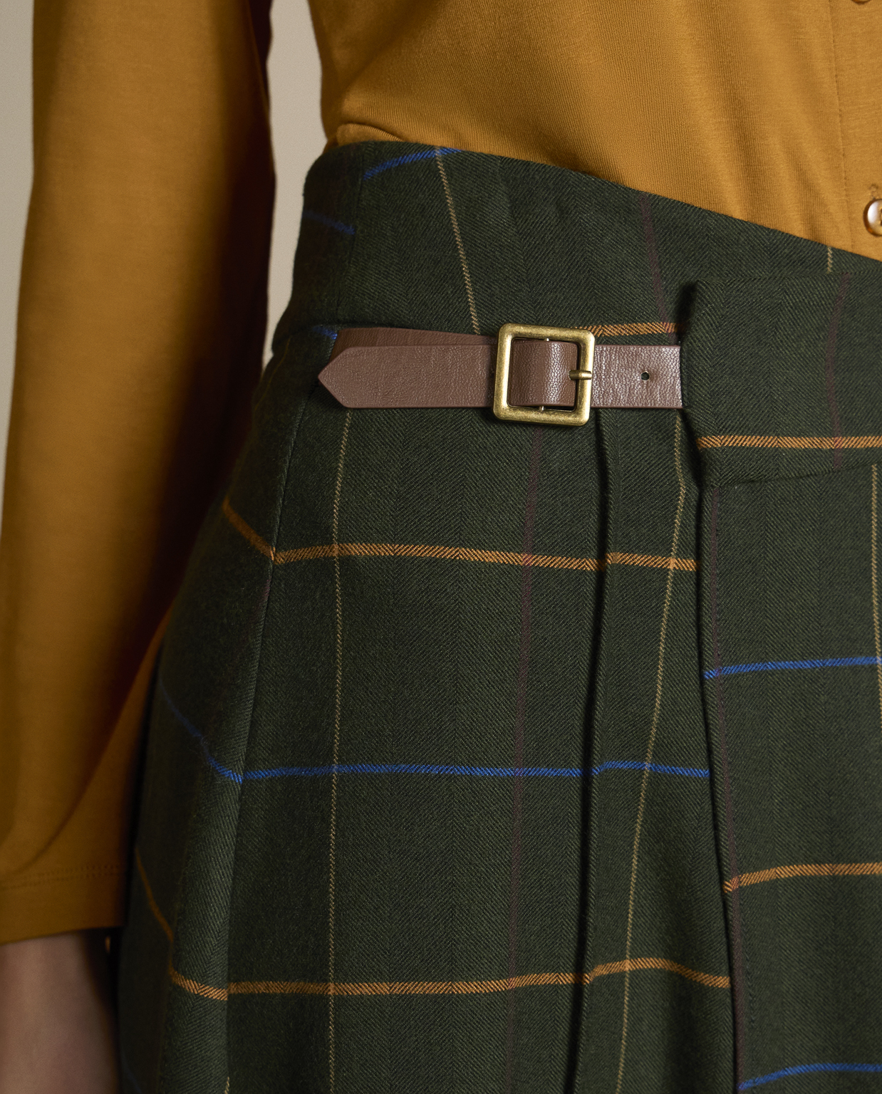 Karierter Crossover-Midirock Khaki