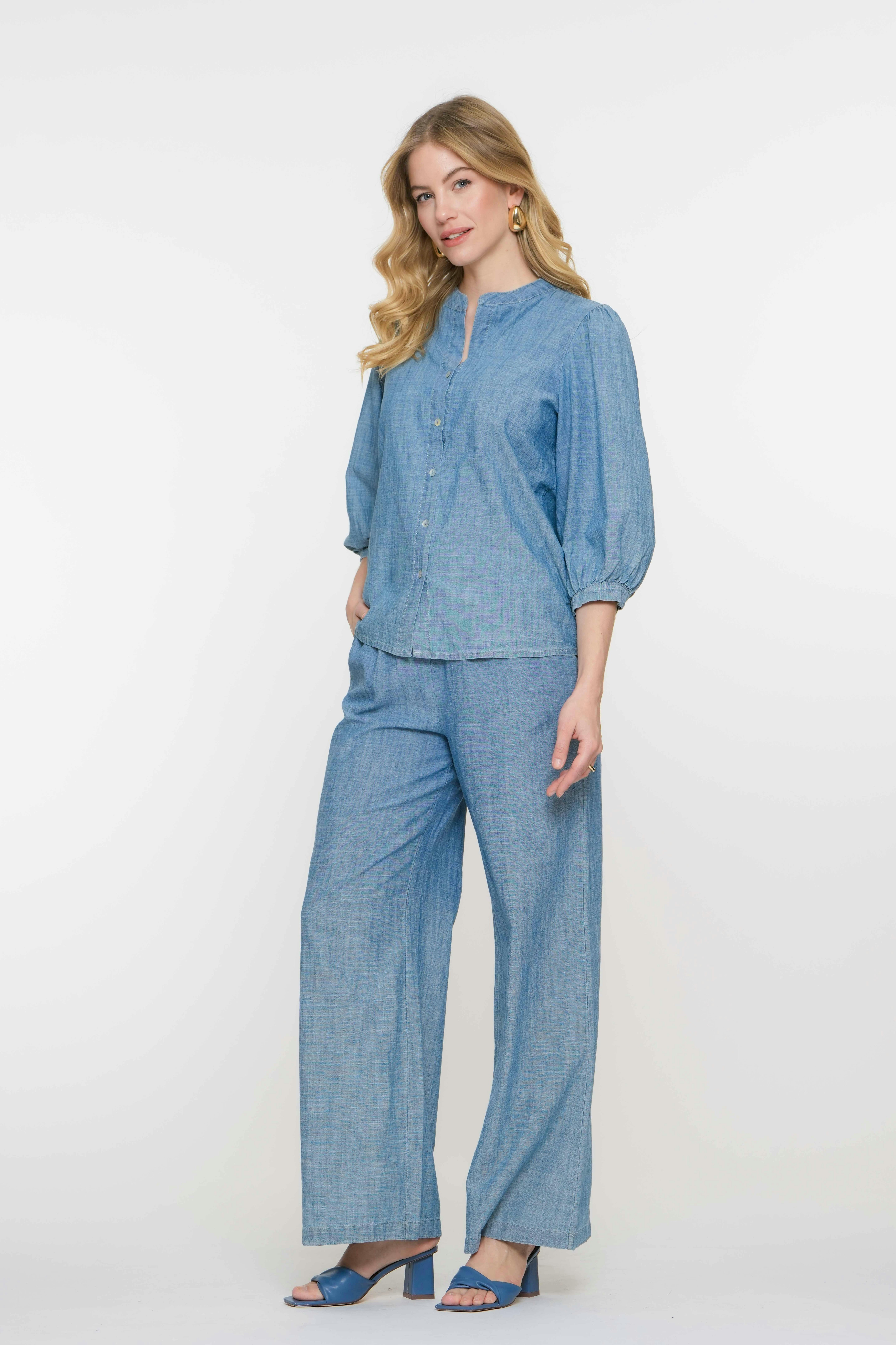 Geisha Damen Denim-Look Bluse mit Dreiviertel-Ballonärmeln